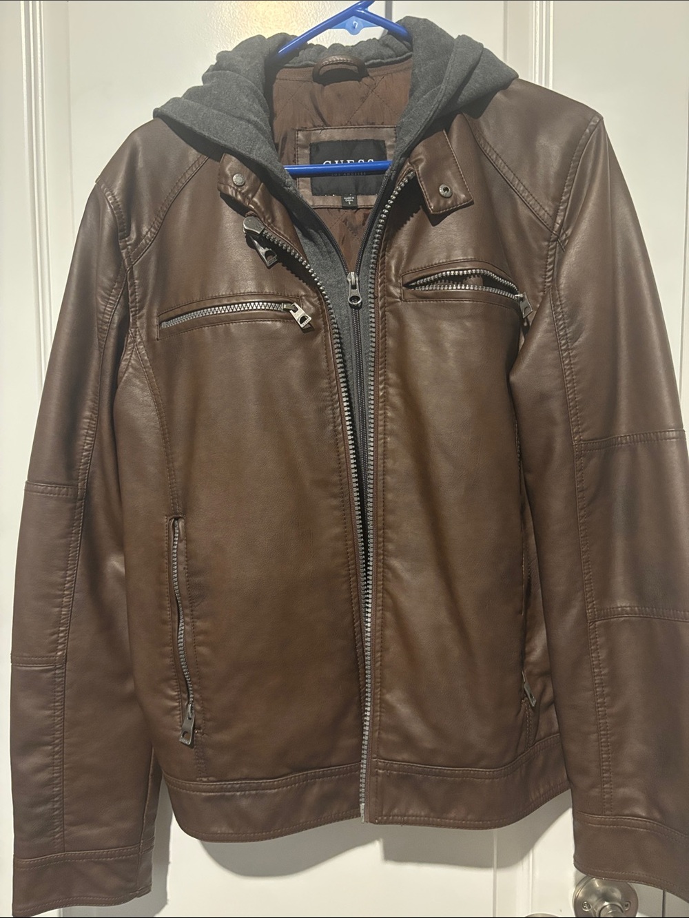 Guess Men's Brown Leather Bomber Jacket with Gray Hooded Insert